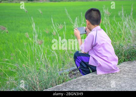 Asian Boy Holding ein Telefon und sitzen auf der Straße Hintergrund die grüne Reisfelder. Stockfoto