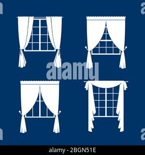 Vorhänge für Fenster. Weiße Bordüren und Fenster Silhouette auf blauem Boden. Vektorgrafik Stock Vektor