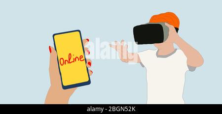 Lieferung, Kind in virtuellen 3D-Brillen. Modernes Design. Illustration. Stockfoto