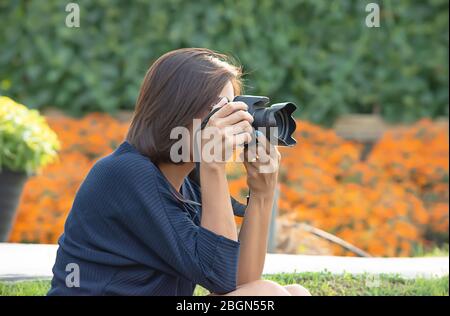 Hand Halten der Kamera die Bilder Hintergrund der Bäume und der Blumen Stockfoto