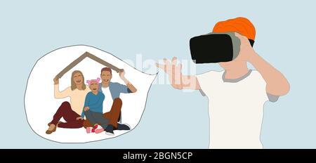 Virtual Reality Konzept. Kind in virtuellen 3d-Brille. Zukunftstechnologie. Illustration Stockfoto