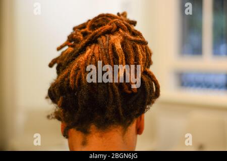 Frau mit Dreadlock-Brötchen von hinten geschossen Stockfoto