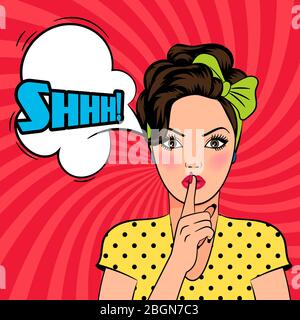 Vector Pop Art Frau bittet um Stille mit dem Finger auf den Lippen. Shhh Text in Sprechblase. Stock Vektor