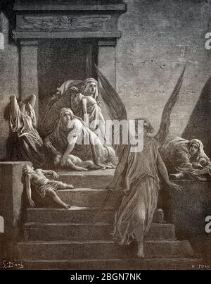 Die zehnte Pest: Tod der Erstgeborenen der Ägypter, Holzschnitt von Gustave Doré Stockfoto