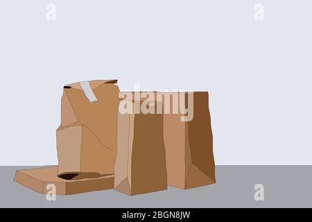 Lebensmittel Öko Verpackung mit großen Mittagessen Set von leckeren Hamburger, pommes Frites, Papier braune Papiertüte und Box auf dem Tisch, Illustration Stockfoto