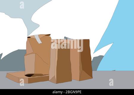 Fast Food Öko Verpackung mit großen Mittagessen Set von leckeren Hamburger, pommes Frites, Papier braune Papiertüte und Box auf dem Tisch, Illustration Stockfoto