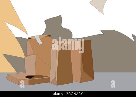 Lebensmittel Öko Verpackung mit großen Mittagessen Set von leckeren Hamburger, pommes Frites, Papier braune Papiertüte und Box auf dem Tisch, Illustration Stockfoto