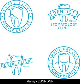 Zahnklinik Linie Logo Vorlagen. Stomatologie Klinik Umriss Etiketten gesetzt. Vektorsymbole Stock Vektor