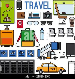 Flughafen und Reise flache Symbole. Bunte Ikonen von Gepäck, Ankunftsbrett, Rucksack, Taxi und Reisedokumente. Vektorgrafik Stock Vektor