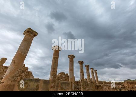 Niedrige Winkelansicht der antiken ionischen Säulen im Paphos Archäologischen Park, Zypern Stockfoto