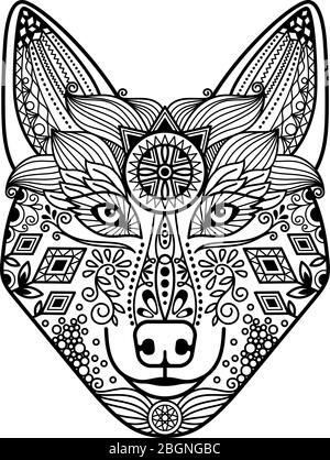 Zentangle Wolfskopf mit handgezeichneter Guata-Verzierung. Schwarzes Bild auf weißem Hintergrund. Vektorgrafik Stock Vektor