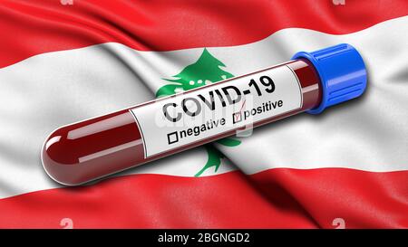 Flagge des Libanon winkend im Wind mit einer positiven Covid-19 Blutprobe Röhre. Stockfoto