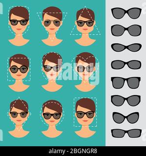 Damen Sonnenbrillen Formen für verschiedene Gesichtsformen Vektor-Illustration Stock Vektor