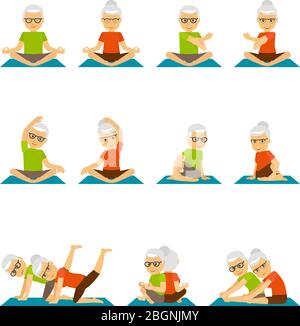 Alte Leute Yoga. Yoga für ältere Menschen Symbole. Vektordarstellung Stock Vektor