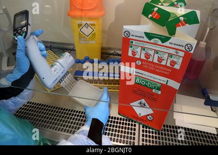 Techniker führen während der Eröffnung des neuen Covid-19-Testlabors am Queen Elizabeth University Hospital in Glasgow einen Probentransfer durch. Stockfoto