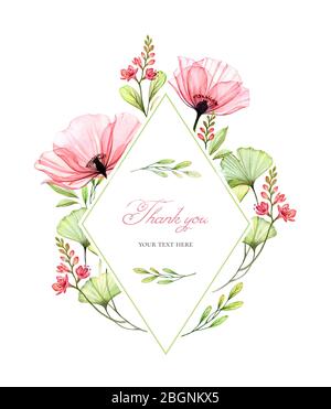 Aquarell florale Karte Vorlage. Vertikaler Rhombenrahmen. Transparente Mohn Blumen und Danke Text. Handbemalte Feder Illustration für Logo und Stockfoto