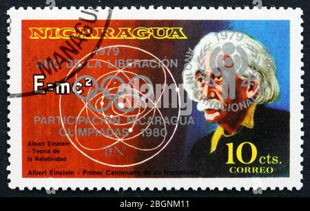 NICARAGUA - UM 1979: Eine in Nicaragua gedruckte Briefmarke zeigt Albert Einstein unausgegebene Briefmarke, theoretischer Physiker, um 1979 Stockfoto