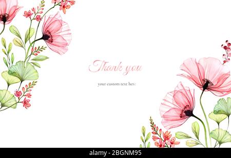 Aquarell floralen Hintergrund. Thank you Karte Vorlage mit Text. Transparente Mohnblüten in diagonaler Anordnung. Isoliert handgezeichnetes Banner mit großem Stockfoto