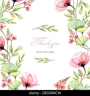 Aquarell floralen Hintergrund. Kartenvorlage im quadratischen Format mit Text. Transparente Mohnblumen in Rahmen angeordnet. Isoliert handgezeichnetes Banner mit großem Stockfoto