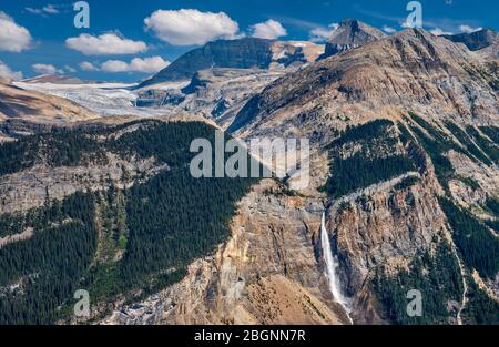 Takakkaw Falls unterhalb des Waputik Icefield in der Waputik Range, Blick vom Iscine Trail, Canadian Rockies, Yoho National Park, British Columbia, Kanada Stockfoto