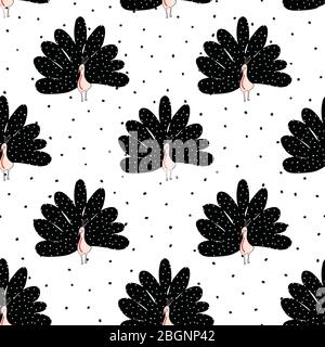 Abstrakte Auerhähne Nahtloses Vektor-Muster auf schwarz-weiß gefleckten Hintergrund. Nahtloses Vogelmuster zum Einpacken von Papier, Stoff, Tapete, Baby Stock Vektor
