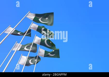 Pakistan Fahnen winken im Wind gegen einen blauen Himmel. 3D-Rendering Stockfoto