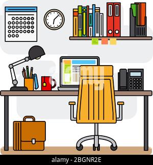 Thin Line Office-Arbeitsplatz oder Line Designer-Arbeitsplatz mit Desktop-Computer. Vektorgrafik Stock Vektor