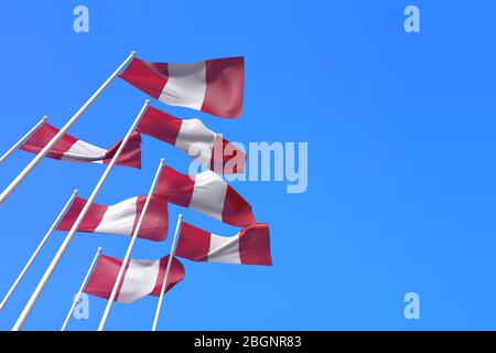 Perus Fahnen winken im Wind gegen einen blauen Himmel. 3D-Rendering Stockfoto