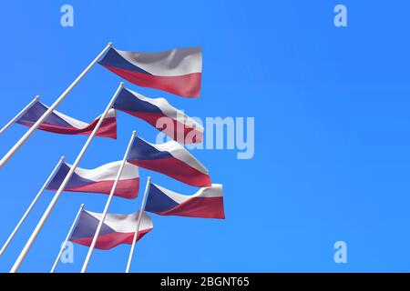 Tschechische Flaggen winken im Wind gegen einen blauen Himmel. 3D-Rendering Stockfoto