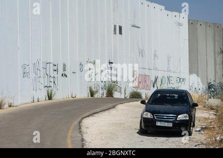 Palästina, Bethlehem, die israelische Grenzmauer in Bethlehem im besetzten Gebiet des Westjordanlandes. Stockfoto