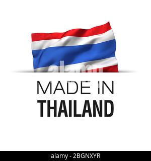 Made in Thailand - Garantie-Label mit einer wehenden Thai-Flagge. Stockfoto