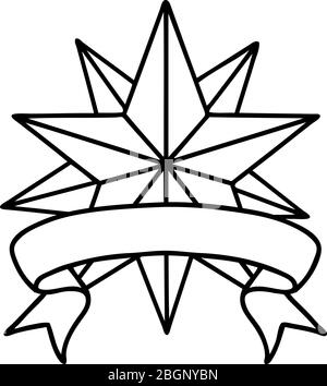 Traditionelle schwarze Linework Tattoo mit Banner eines Sterns Stock Vektor