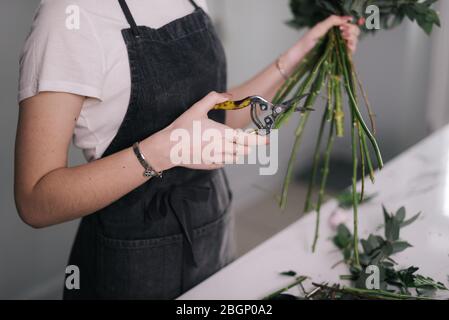 Unkenntlich junge Frau Floristin trägt Schürze Beschneiden Stamm von Blumen mit Schere. Stockfoto