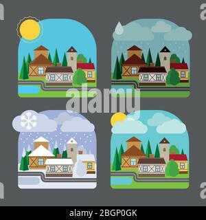 Kleine Stadtlandschaft im flachen Stil. Vier Jahreszeiten bunte Landschaftsbilder. Vektorgrafik Stock Vektor