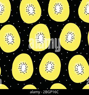 Nahtlose Vektor Muster Kiwi Frucht. Handgezeichnete Bleistiftdarstellung. Sommerfrucht auf schwarz-weiß geflecktem Hintergrund. Design für Stoff, Tapete Stock Vektor