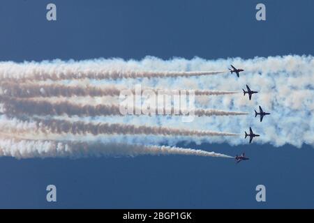 Die Red Arrows treten beim British Grand Prix in Silverstone, Northamptonshire auf Stockfoto