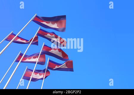 Kambodscha Fahnen winken im Wind gegen einen blauen Himmel. 3D-Rendering Stockfoto