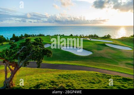 Männliche Touristen im Urlaub schlagen einen Golfball aus einer Sandfalle in der Nähe eines grünen, Port Royal Golfplatz Stockfoto