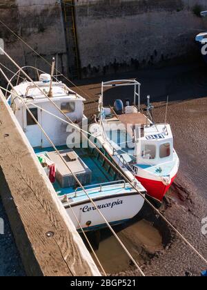 Zwei Boote sitzen bei Ebbe im Hafen in Amble, Northumberland. Stockfoto