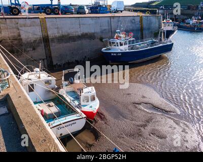 Boote bei Ebbe im Hafen in Amble, Northumberland. Stockfoto