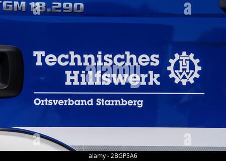 Neubiberg Bei München, Bayern, Deutschland. April 2020. Symbol des Deutschen Technischen Hilfswerks Starnberg. Stockfoto