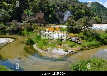 Vulkanische Landschaft mit heißer Strömung und buntem Boden im Waimangu-Tal in Neuseeland Stockfoto