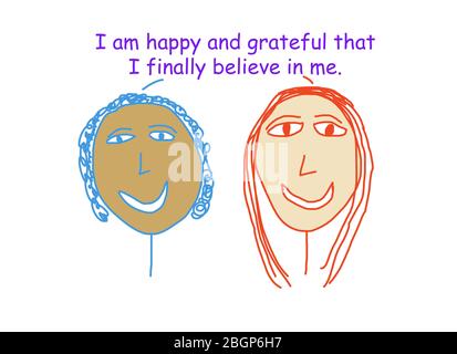 Farbe Cartoon Darstellung zwei ethnisch unterschiedlichen Frauen sagen, sie sind glücklich, sie endlich an sich glauben. Stockfoto