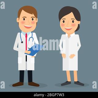 Lächelnder Arzt und lächelnde Krankenschwester farbenfrohe Bilder auf blauem Hintergrund. Vektorgrafik Stock Vektor