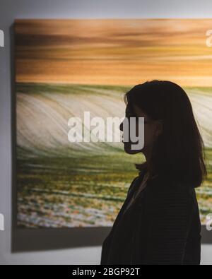 Lviv, Ukraine - 11. Mai 2019: Frau, die sich das Kunstbild im Museum ansieht Stockfoto