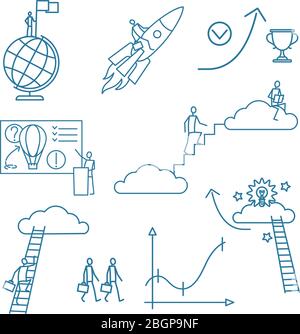 Doodle Business People blaue lineare Symbole auf weißem Hintergrund. Vektorgrafik Stock Vektor