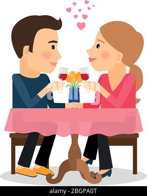 Mann und Frau in der Liebe. Romantisches Paar im Restaurant mit Wein. Vektorgrafik Stock Vektor