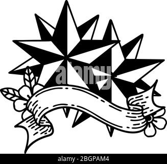 Traditionelle schwarze Linework Tattoo mit Banner der Sterne Stock Vektor