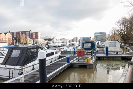 Boote, die an den Anlegestegen in Marina Brayford Pool Lincoln 2019 festgemacht sind Stockfoto