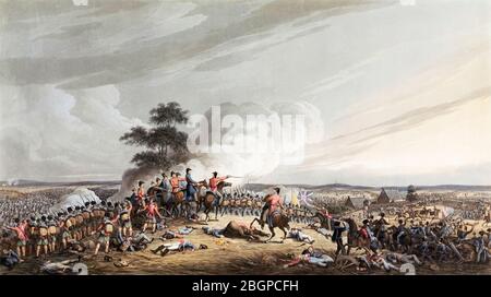 Die Schlacht von Waterloo, 18. Juni 1815. Der Herzog von Wellington blickt auf die Hougoumont Farm. Nach einem anonymen Künstler. Veröffentlicht in London, 1816 Stockfoto